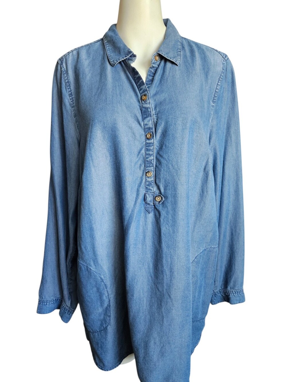 J. Jill Denim Popover Chambray Blue Tunic Top Sz Lg Casual Fall Coastal Western